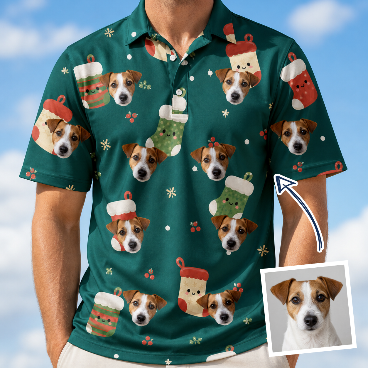 Man wearing Men's Chimney Cheer Custom Dog Face Polo Shirt — custom faces printed all-over