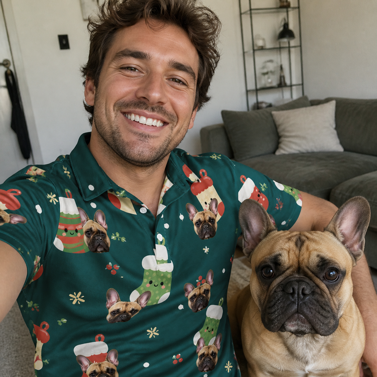 Selfie with the pet whose face is printed all over this Men's Chimney Cheer Custom Dog Face Polo Shirt
