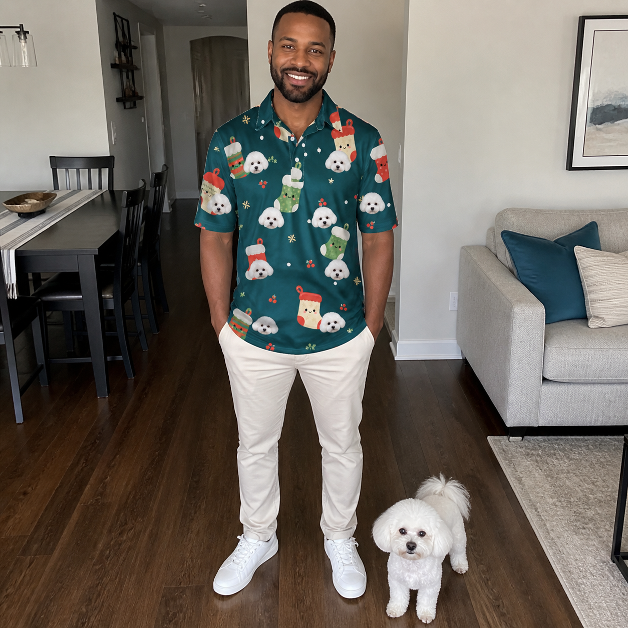 Full-length photo with the pet printed all over this Men's Chimney Cheer Custom Dog Face Polo Shirt