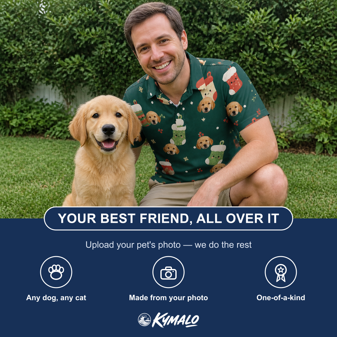 Friends in matching Men's Chimney Cheer Custom Dog Face Polo Shirt — a group gift photo