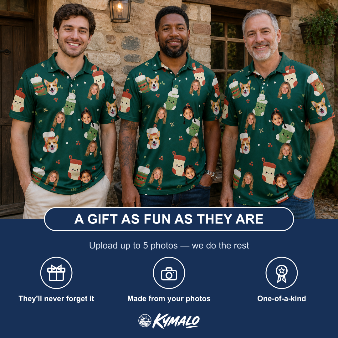 Friends in matching Men's Chimney Cheer Custom Face Polo Shirt — a group gift photo