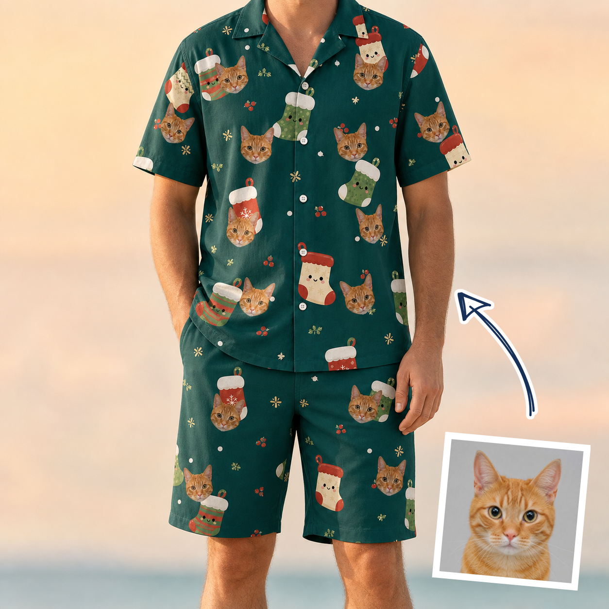 Man wearing Men's Chimney Cheer Custom Cat Face Shirt & Shorts Set — custom faces printed all-over