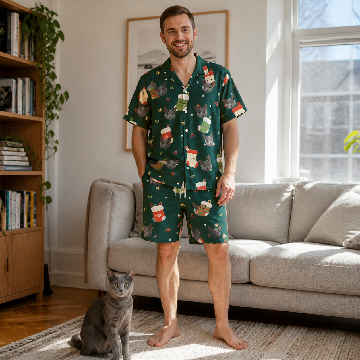 Full-length photo with the pet printed all over this Men's Chimney Cheer Custom Cat Face Shirt & Shorts Set