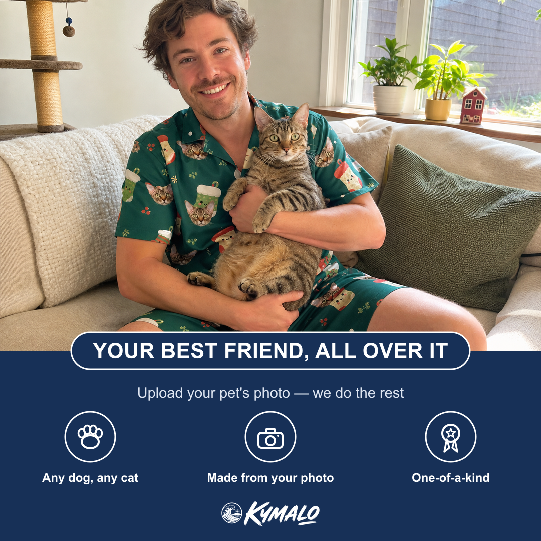 Friends in matching Men's Chimney Cheer Custom Cat Face Shirt & Shorts Set — a group gift photo