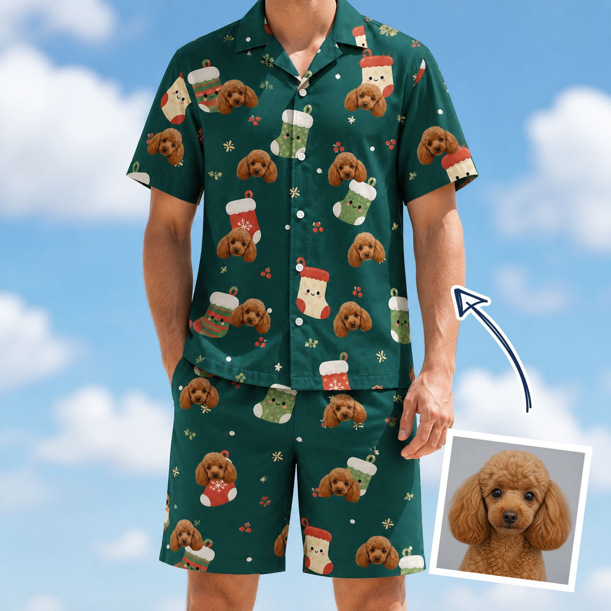 Man wearing Men's Chimney Cheer Custom Dog Face Shirt & Shorts Set — custom faces printed all-over
