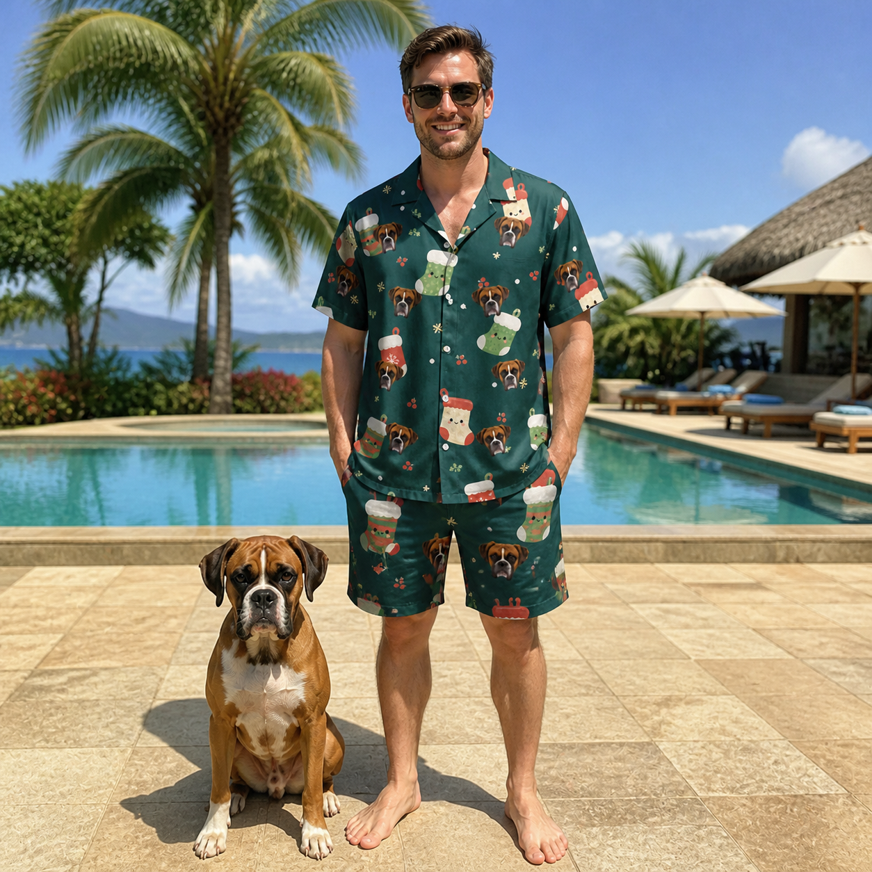 Full-length photo with the pet printed all over this Men's Chimney Cheer Custom Dog Face Shirt & Shorts Set