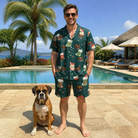 Full-length photo with the pet printed all over this Men's Chimney Cheer Custom Dog Face Shirt & Shorts Set