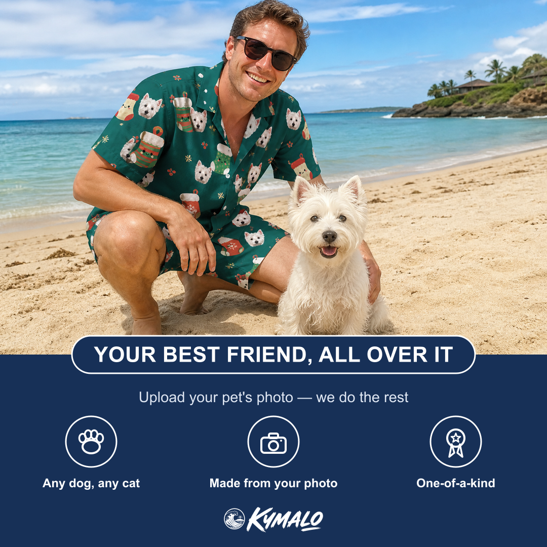 Friends in matching Men's Chimney Cheer Custom Dog Face Shirt & Shorts Set — a group gift photo