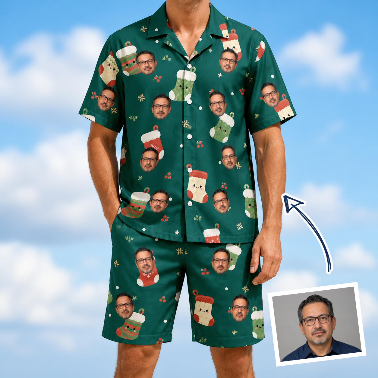 Man wearing Men's Chimney Cheer Custom Face Shirt & Shorts Set — custom faces printed all-over