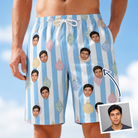 Man wearing Men's Dazzle Drops Custom Face Beach Shorts — custom faces printed all-over