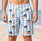 Model wearing Men's Dazzle Drops Custom Face Beach Shorts printed with kids' faces