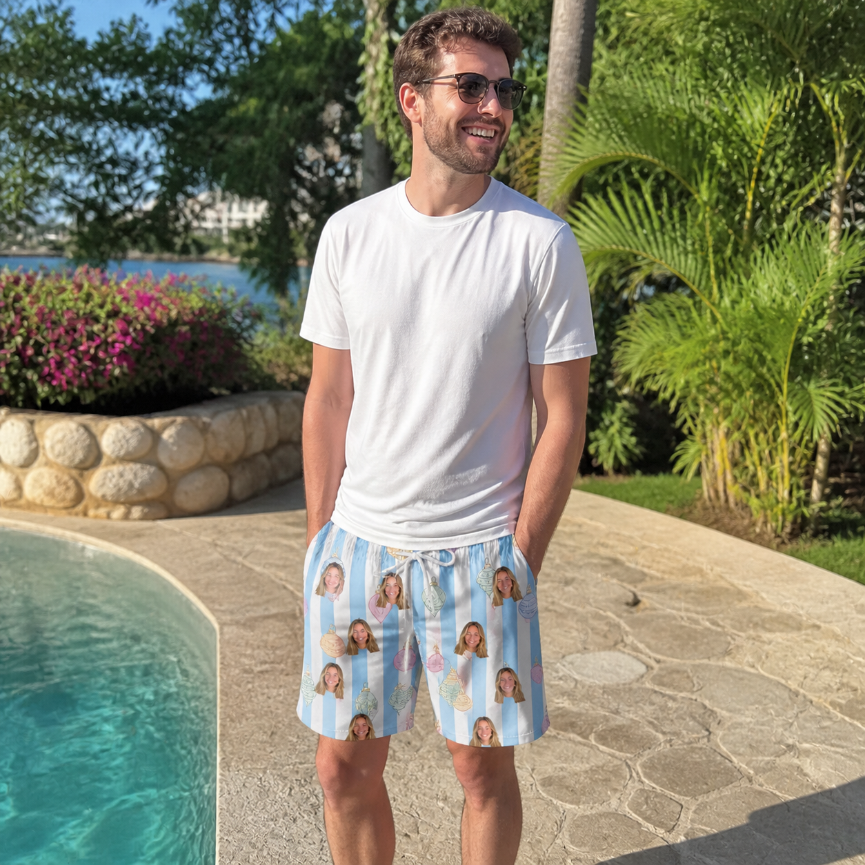 Real-life photo of someone wearing Men's Dazzle Drops Custom Face Beach Shorts — custom faces printed all-over