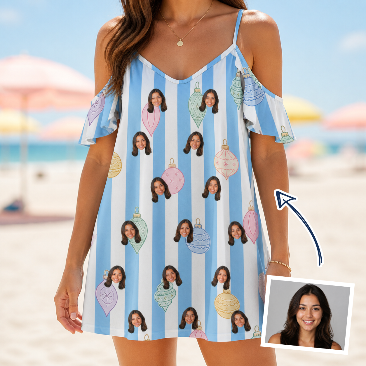 Woman wearing Women's Dazzle Drops Custom Face Off-Shoulder Dress — custom faces printed all-over