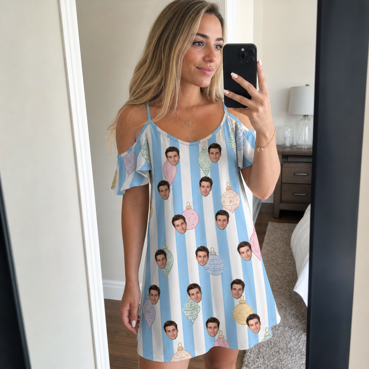 Real-life photo of someone wearing Women's Dazzle Drops Custom Face Off-Shoulder Dress — custom faces printed all-over