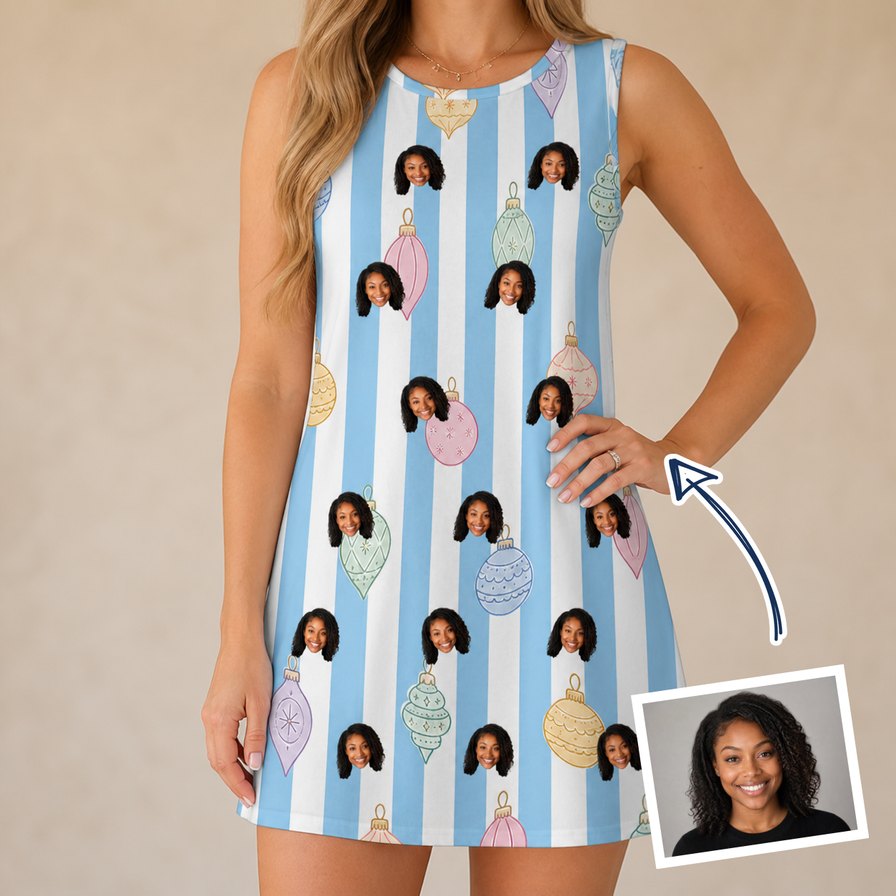 Woman wearing Women's Dazzle Drops Custom Face Tank Dress — custom faces printed all-over
