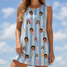 Model wearing Women's Dazzle Drops Custom Face Tank Dress printed with kids' faces