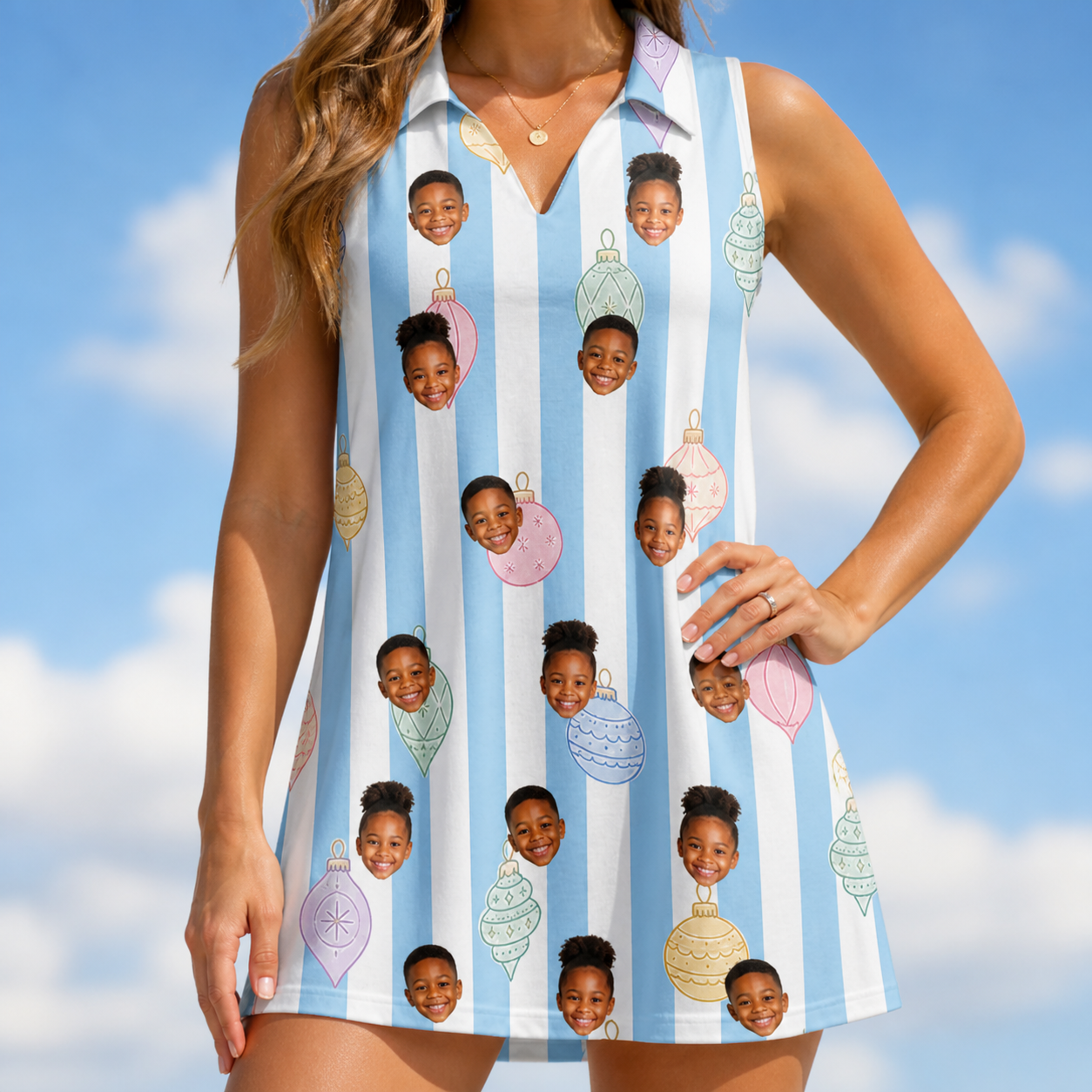 Model wearing Women's Dazzle Drops Custom Face V-Neck Dress printed with kids' faces