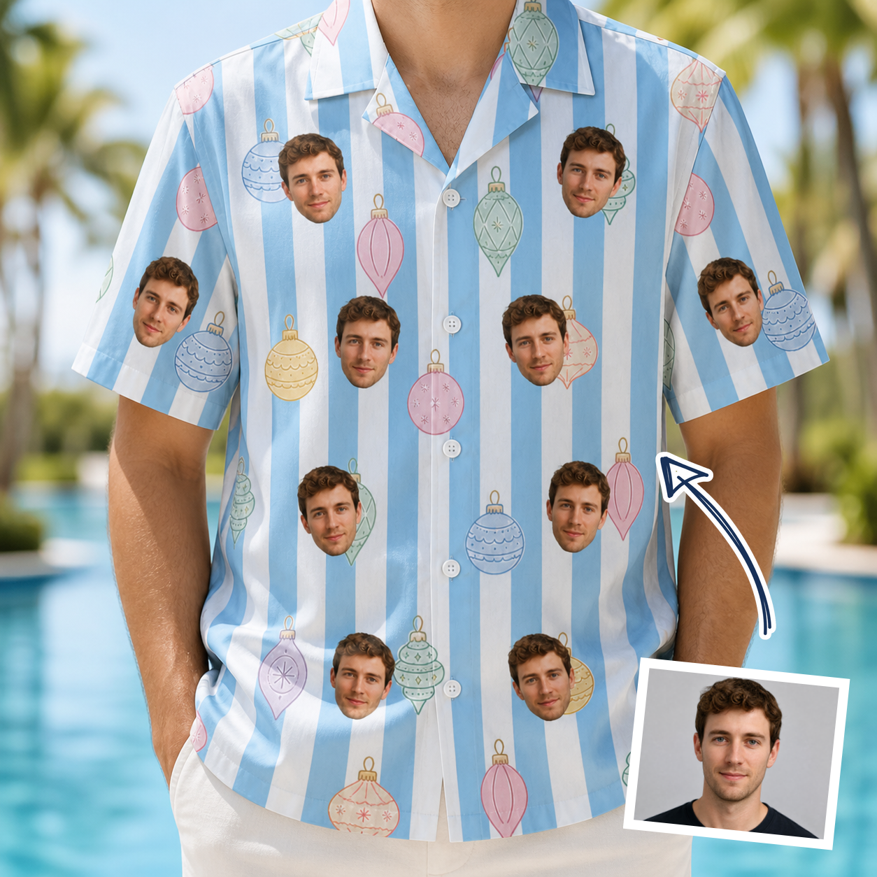 Man wearing Men's Dazzle Drops Custom Face Hawaiian Shirt — custom faces printed all-over