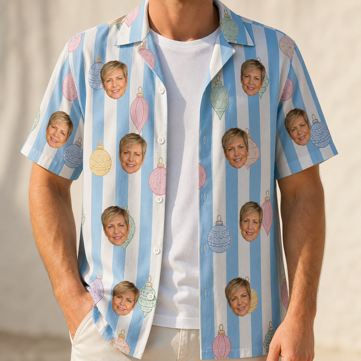 Man wearing Men's Dazzle Drops Custom Face Hawaiian Shirt open over a white tee