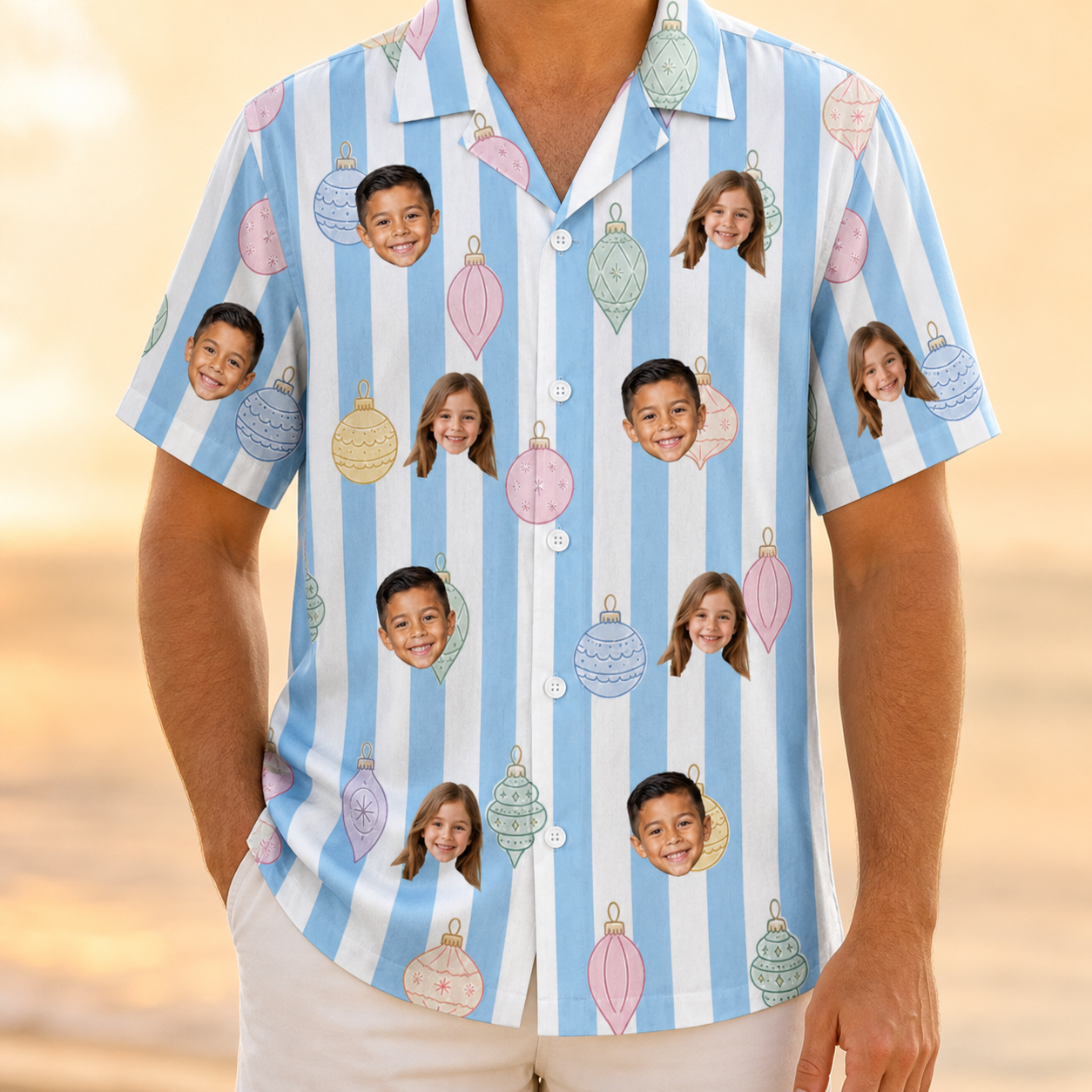 Model wearing Men's Dazzle Drops Custom Face Hawaiian Shirt printed with kids' faces