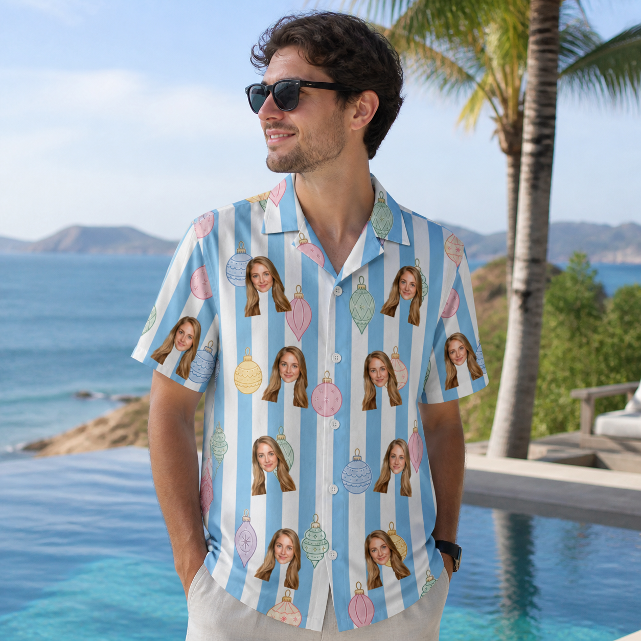 Real-life photo of someone wearing Men's Dazzle Drops Custom Face Hawaiian Shirt — custom faces printed all-over