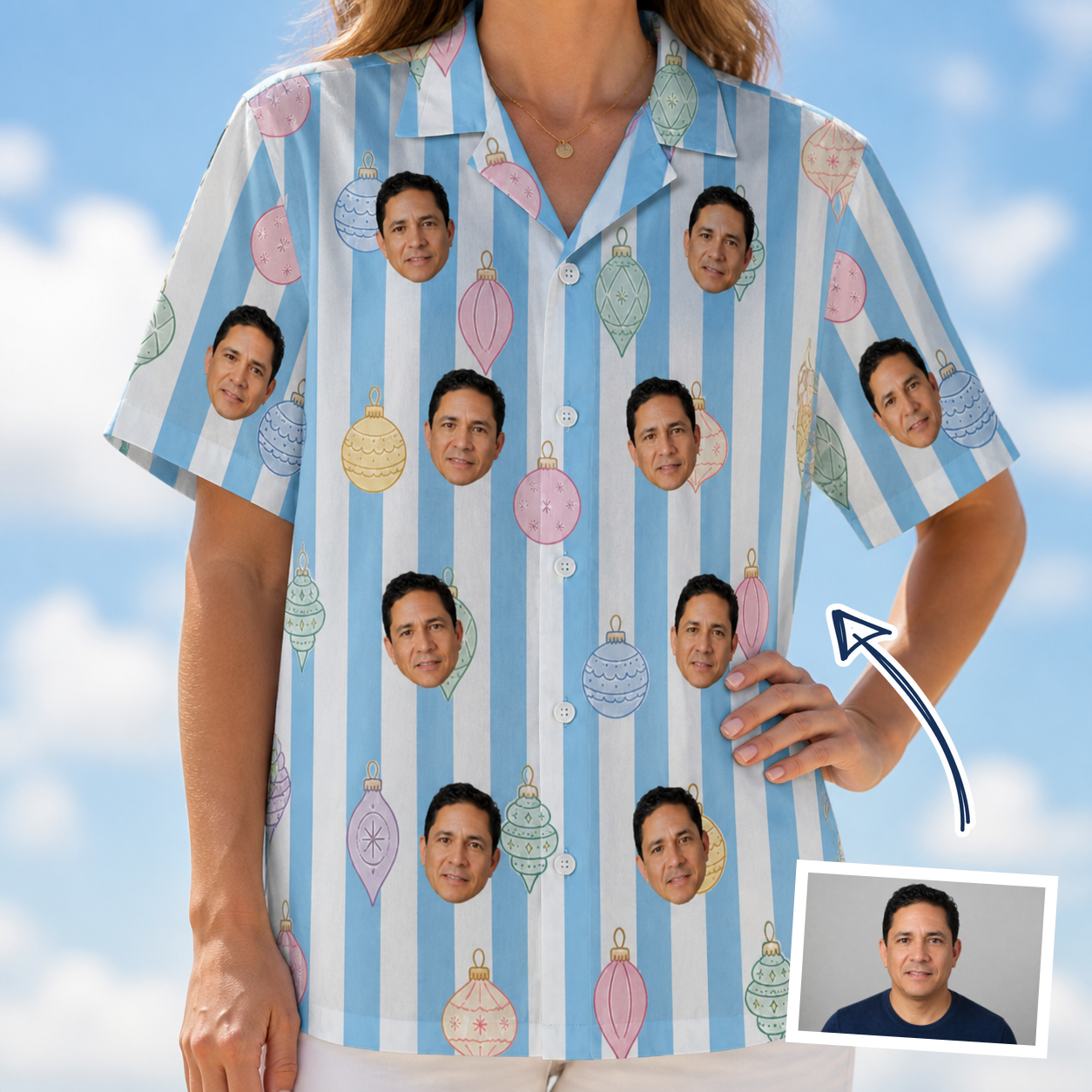 Woman wearing Women's Dazzle Drops Custom Face Hawaiian Shirt — custom faces printed all-over