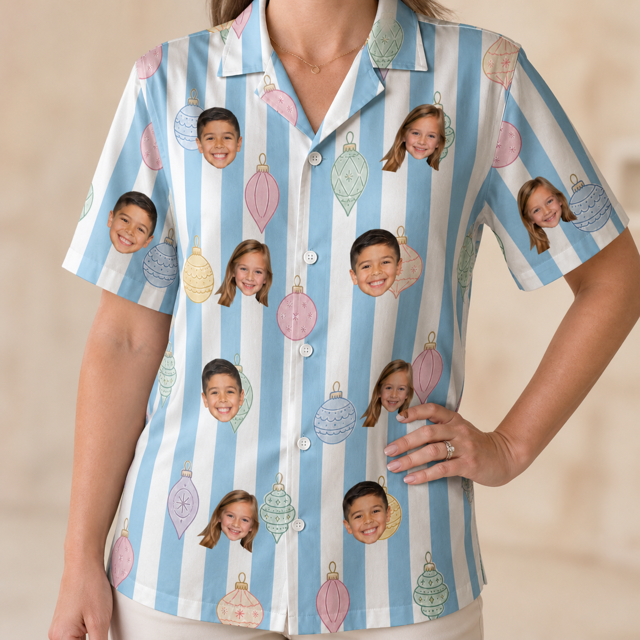 Model wearing Women's Dazzle Drops Custom Face Hawaiian Shirt printed with kids' faces