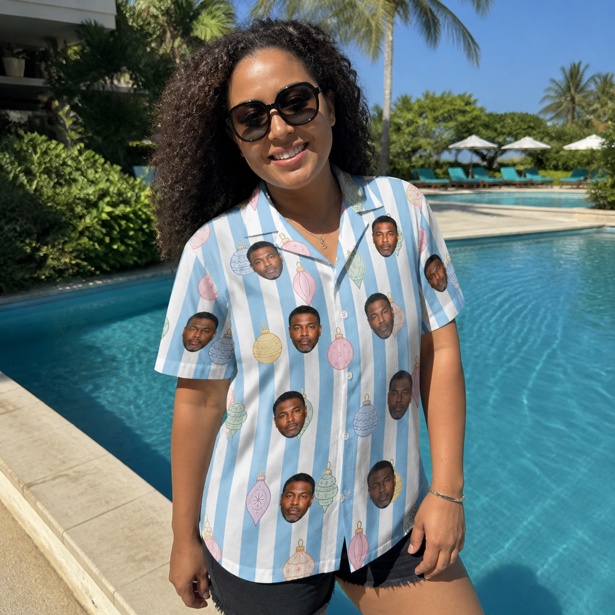 Real-life photo of someone wearing Women's Dazzle Drops Custom Face Hawaiian Shirt — custom faces printed all-over