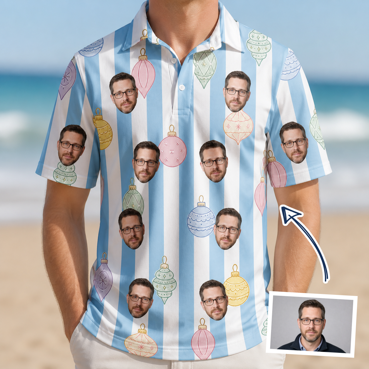 Man wearing Men's Dazzle Drops Custom Face Polo Shirt — custom faces printed all-over