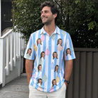 Real-life photo of someone wearing Men's Dazzle Drops Custom Face Polo Shirt — custom faces printed all-over