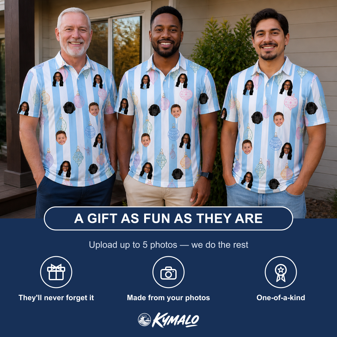 Friends in matching Men's Dazzle Drops Custom Face Polo Shirt — a group gift photo
