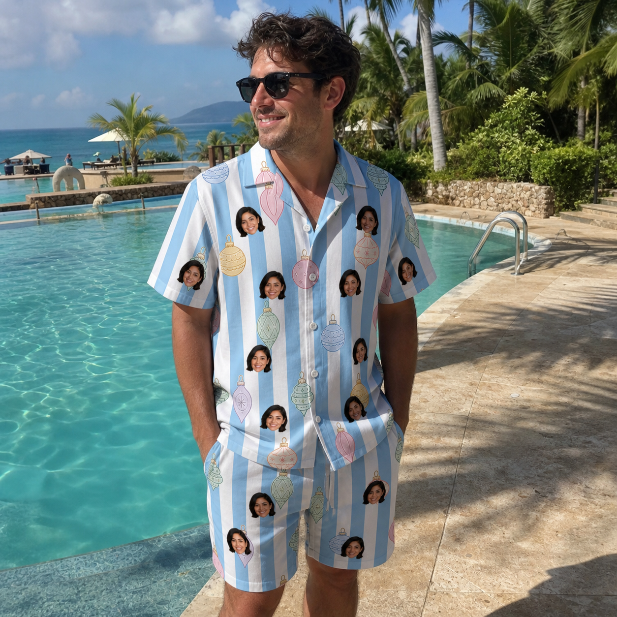 Real-life photo of someone wearing Men's Dazzle Drops Custom Face Shirt & Shorts Set — custom faces printed all-over