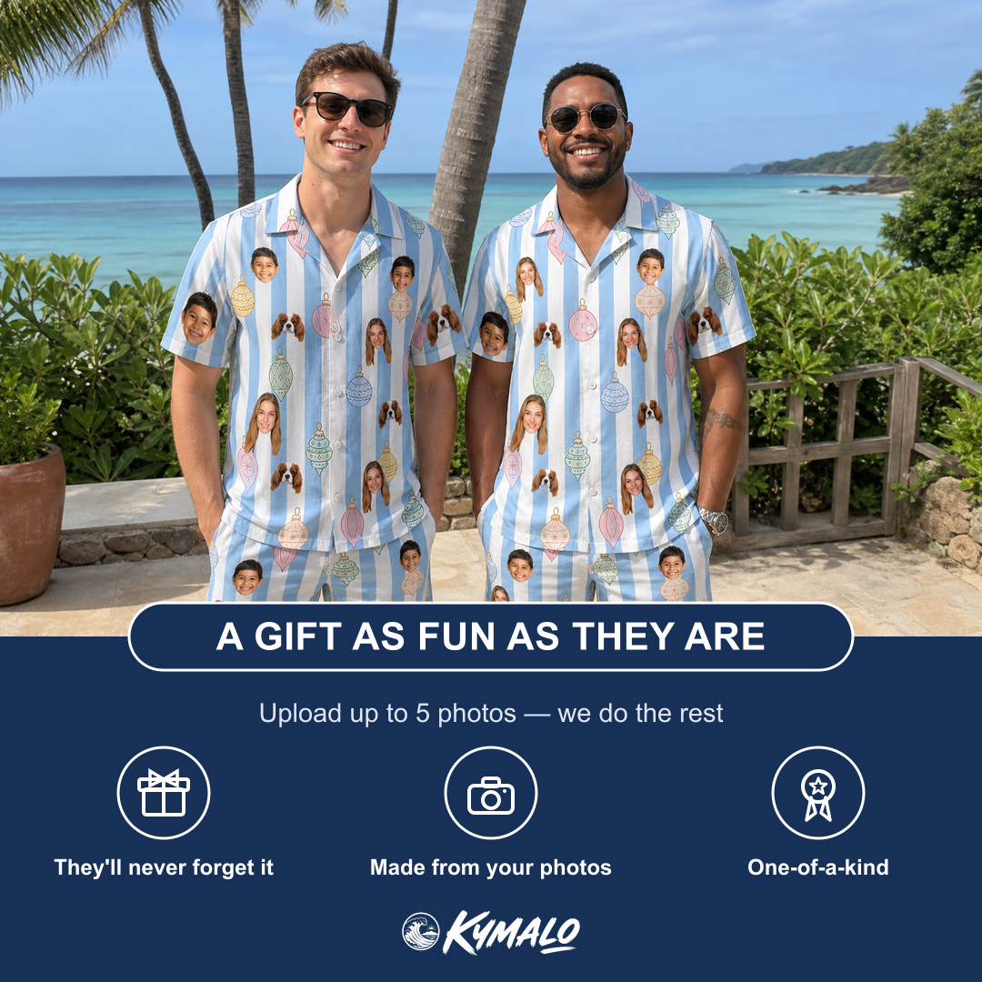 Friends in matching Men's Dazzle Drops Custom Face Shirt & Shorts Set — a group gift photo