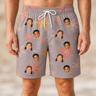 Model wearing Men's Flurry Fanfare Custom Face Beach Shorts printed with kids' faces