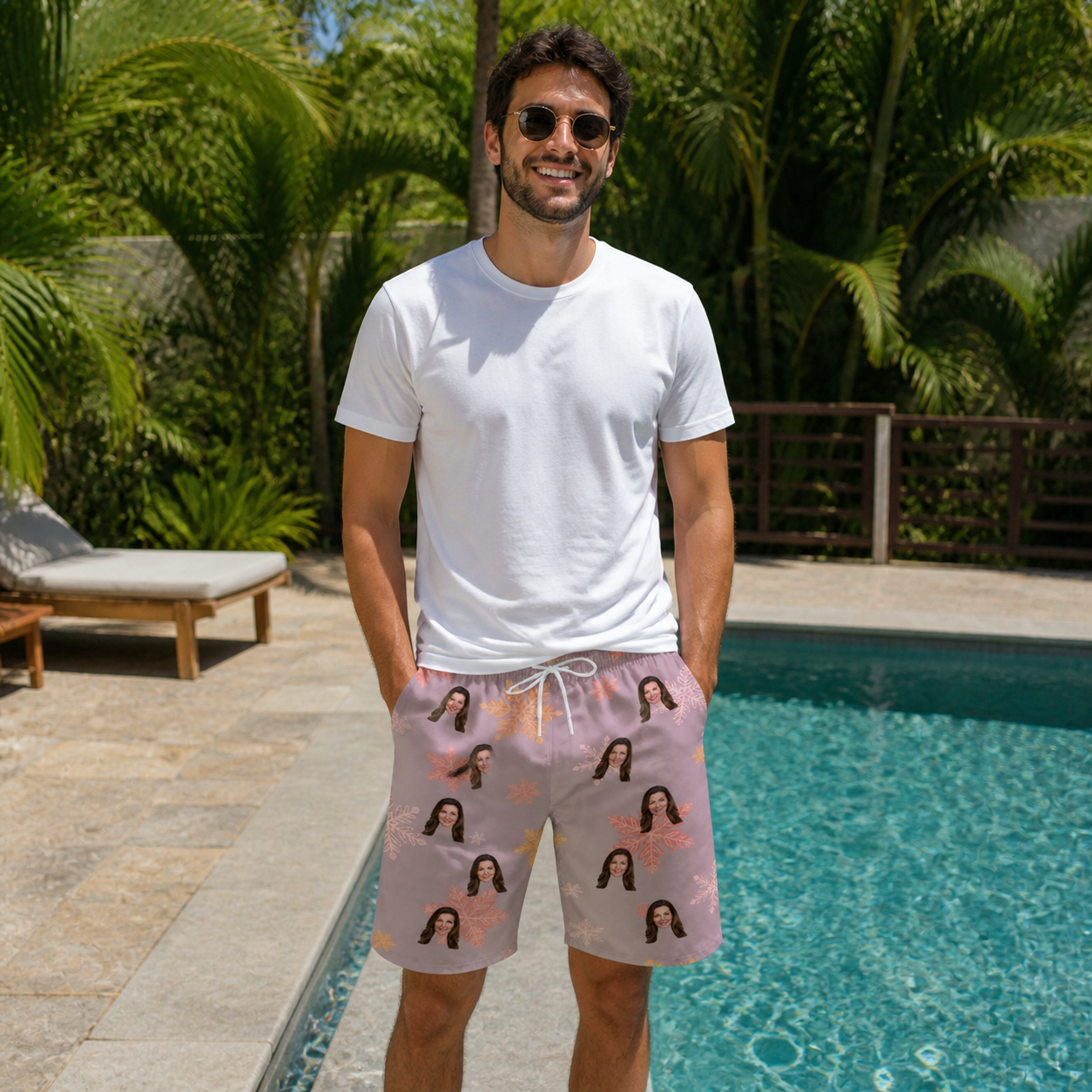 Real-life photo of someone wearing Men's Flurry Fanfare Custom Face Beach Shorts — custom faces printed all-over