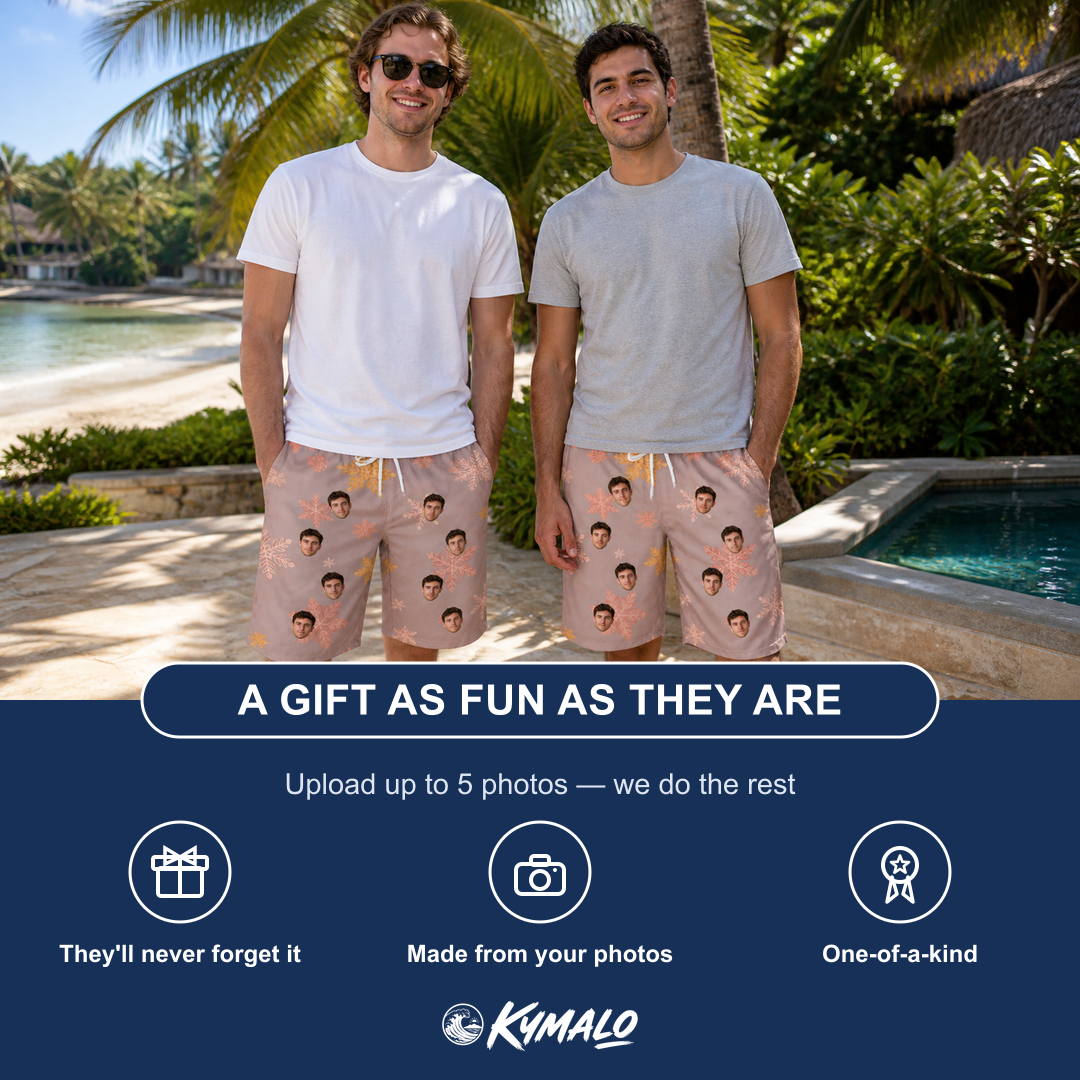 Friends in matching Men's Flurry Fanfare Custom Face Beach Shorts — a group gift photo