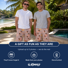 Friends in matching Men's Flurry Fanfare Custom Face Beach Shorts — a group gift photo