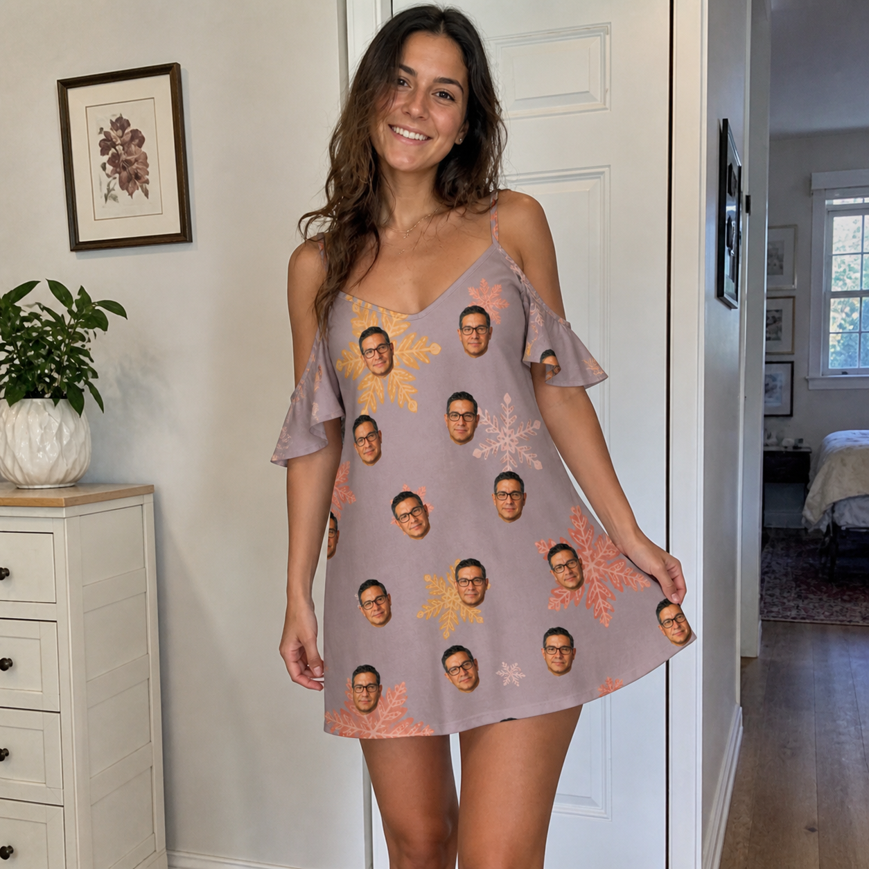 Real-life photo of someone wearing Women's Flurry Fanfare Custom Face Off-Shoulder Dress — custom faces printed all-over