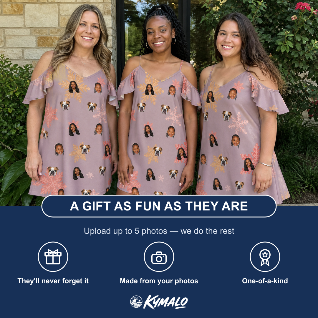 Friends in matching Women's Flurry Fanfare Custom Face Off-Shoulder Dress — a group gift photo