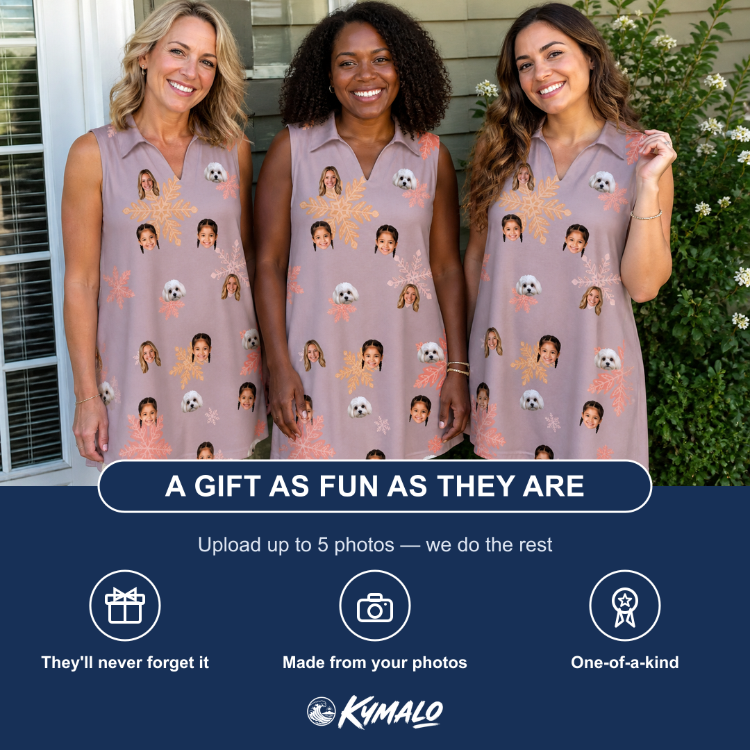 Friends in matching Women's Flurry Fanfare Custom Face V-Neck Dress — a group gift photo