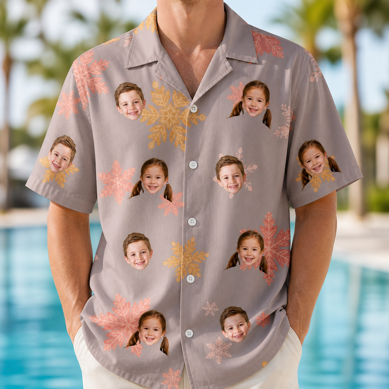 Model wearing Men's Flurry Fanfare Custom Face Hawaiian Shirt printed with kids' faces