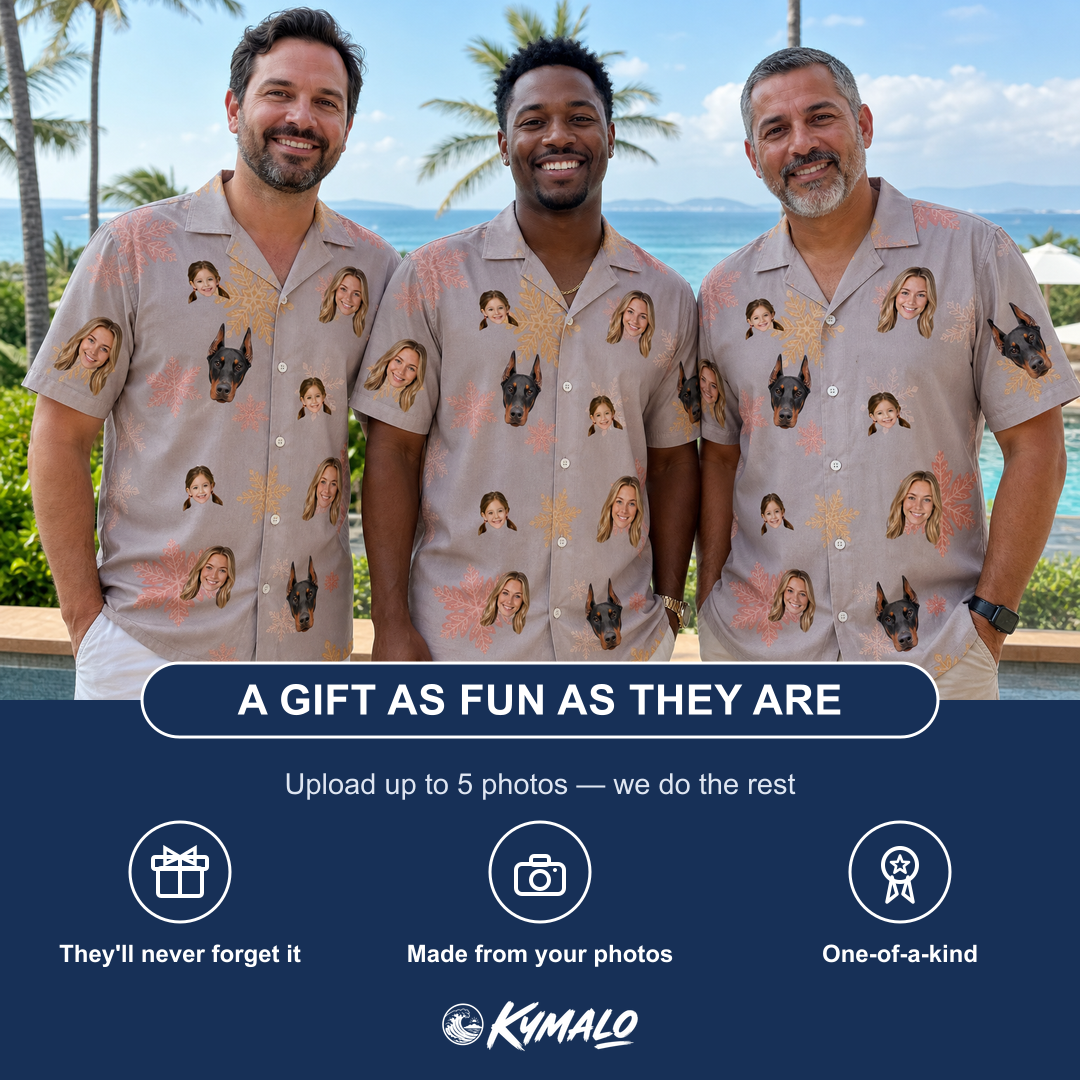 Friends in matching Men's Flurry Fanfare Custom Face Hawaiian Shirt — a group gift photo