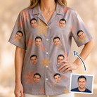 Woman wearing Women's Flurry Fanfare Custom Face Hawaiian Shirt — custom faces printed all-over