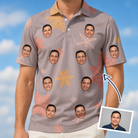 Man wearing Men's Flurry Fanfare Custom Face Polo Shirt — custom faces printed all-over