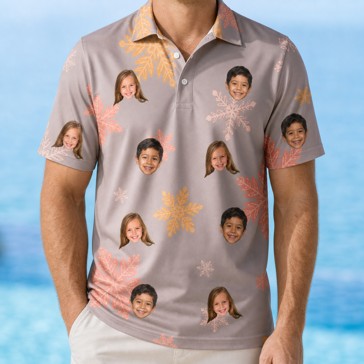 Model wearing Men's Flurry Fanfare Custom Face Polo Shirt printed with kids' faces