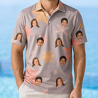 Model wearing Men's Flurry Fanfare Custom Face Polo Shirt printed with kids' faces