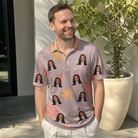 Real-life photo of someone wearing Men's Flurry Fanfare Custom Face Polo Shirt — custom faces printed all-over