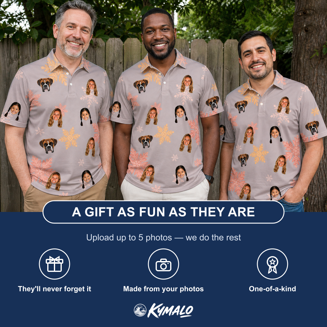 Friends in matching Men's Flurry Fanfare Custom Face Polo Shirt — a group gift photo