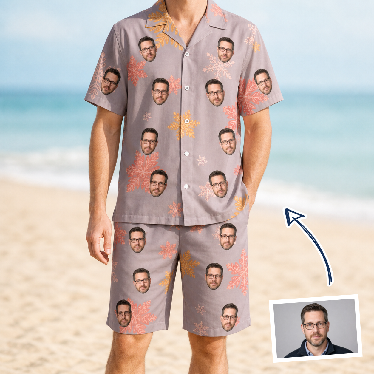 Man wearing Men's Flurry Fanfare Custom Face Shirt & Shorts Set — custom faces printed all-over