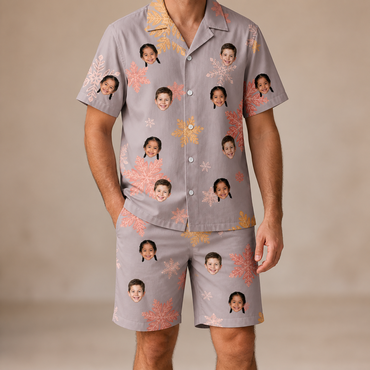 Model wearing Men's Flurry Fanfare Custom Face Shirt & Shorts Set printed with kids' faces